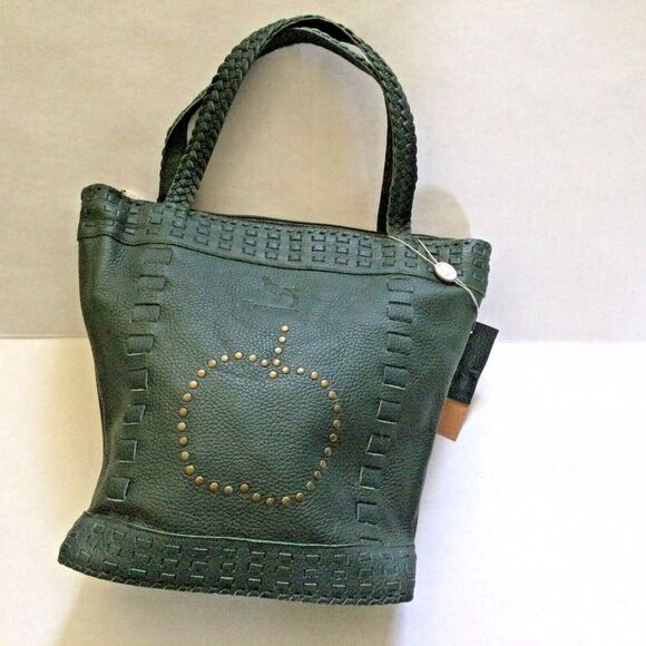Leather Satchel Hand Bag Gold Apple Motif Made in Italian Green New Old Stuffs